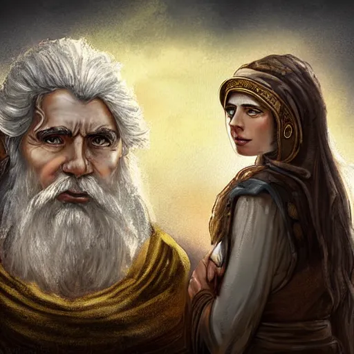 Image similar to young ancient greek woman in golden helmet, giant grey-haired bearded male face in the sky, epic fantasy style art, fantasy epic digital art