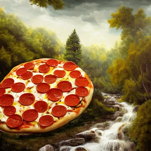 Image similar to highly detailed, high resolution, hyper realistic, 8 k, trending on artstation, landscape nature painting, trees made out of pizza, ground is made of cheese and pepperoni, waterfall made of marinara sauce