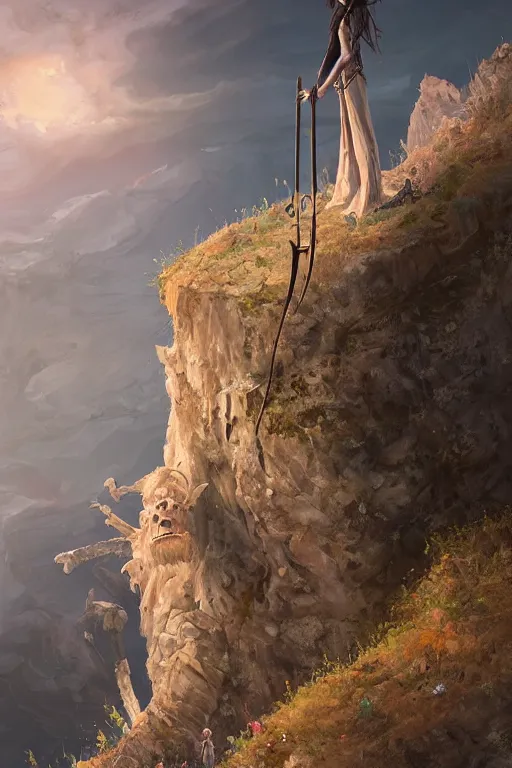 Image similar to profile view, a necromancer on a cliff with a staff casts a spell that reveals the secret of life the universe and everything, dirty linen robes, staff of bones, grizzled bearded withered man by jessica rossier and hr giger