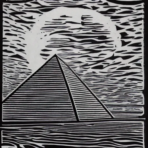 Image similar to martian chilled reflective lagoon pyramid albatross seasoning corolla woodcut, by jeff easley and robert henri and mark rothko, trending on cgsociety, chiaroscuro, charcoal drawing