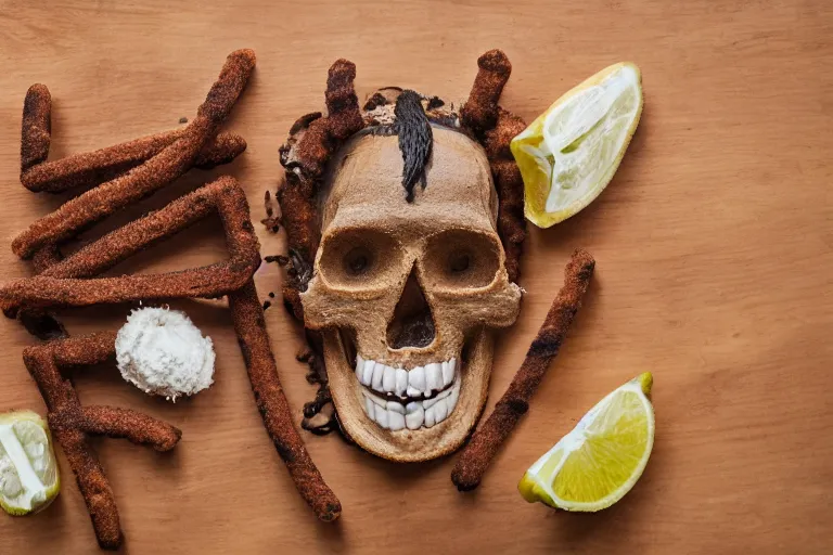 Prompt: aztec skull made of churros, food photography, food stylist, 35mm, centered, uncropped