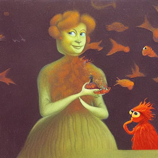 Image similar to by Remedios Varos, a portrait of Elmo from Sesame Street and his goldfish Dorothy, oil painting, traditional.