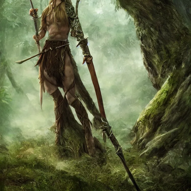 Prompt: forest elf with sword, stream, clouds, grass, forest, trees, facing the woods, lord of the rings style, fantasy, poster, character portrait, portrait, close up, concept art, intricate details, highly detailed, full body, 8 k, detailed face, body