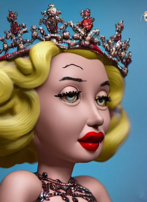 Image similar to closeup face profile portrait of tin toy marilyn monroe as a fairytale princess wearing a crown eating cakes, bikini, depth of field, zeiss lens, detailed, symmetrical, centered, fashion photoshoot, by nicoletta ceccoli, mark ryden, lostfish, breathtaking, 8 k resolution, extremely detailed, beautiful, establishing shot, artistic, hyperrealistic, octane render