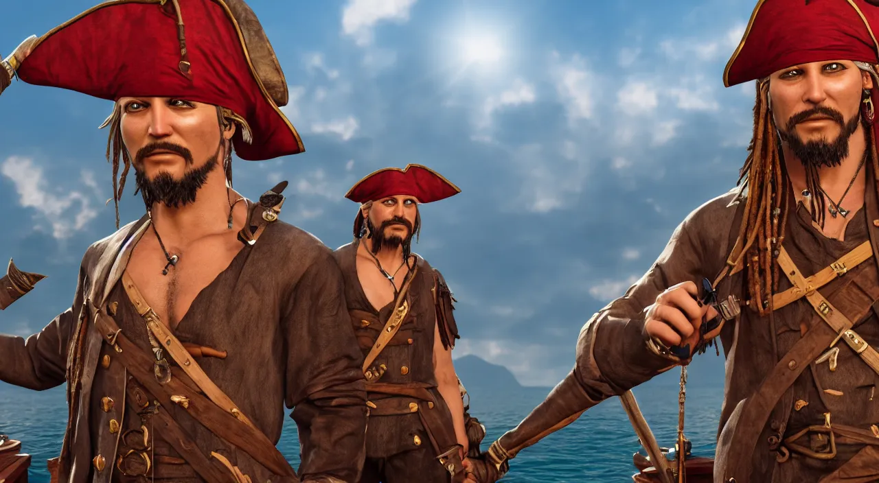 Image similar to a pirate on a boat ready to conquer the island, highly detailed, photorealistic portrait, bright studio setting, studio lighting, crisp quality and light reflections, unreal engine 5 quality render