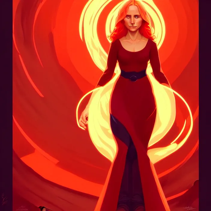 Image similar to style artgerm, joshua middleton, marc simonetti, beautiful kristen bell with dark red dress, very long orange hair, symmetrical face, symmetrical eyes, fire powers fire swirling, detailed, volcano setting, cinematic lighting