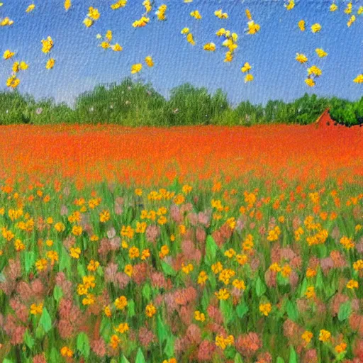 Image similar to impressionist painting of bees pollinating a field of flowers