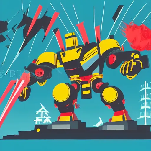 Image similar to giant samurai robot fighting a kaiju over tokyo city modern flat design style illustration with line elements