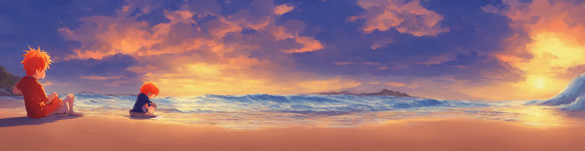 Prompt: beautiful, detailed digital painting of a orange-haired child playing on the beach and looking at the sunset, anime by Makoto Shinkai, sand, waves, trending on artstation