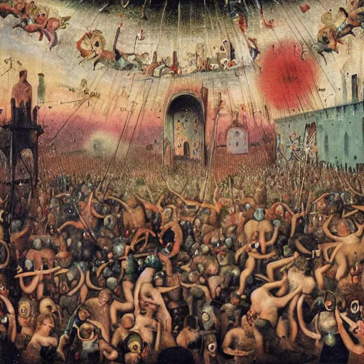 Image similar to a rave party painted by bosch.