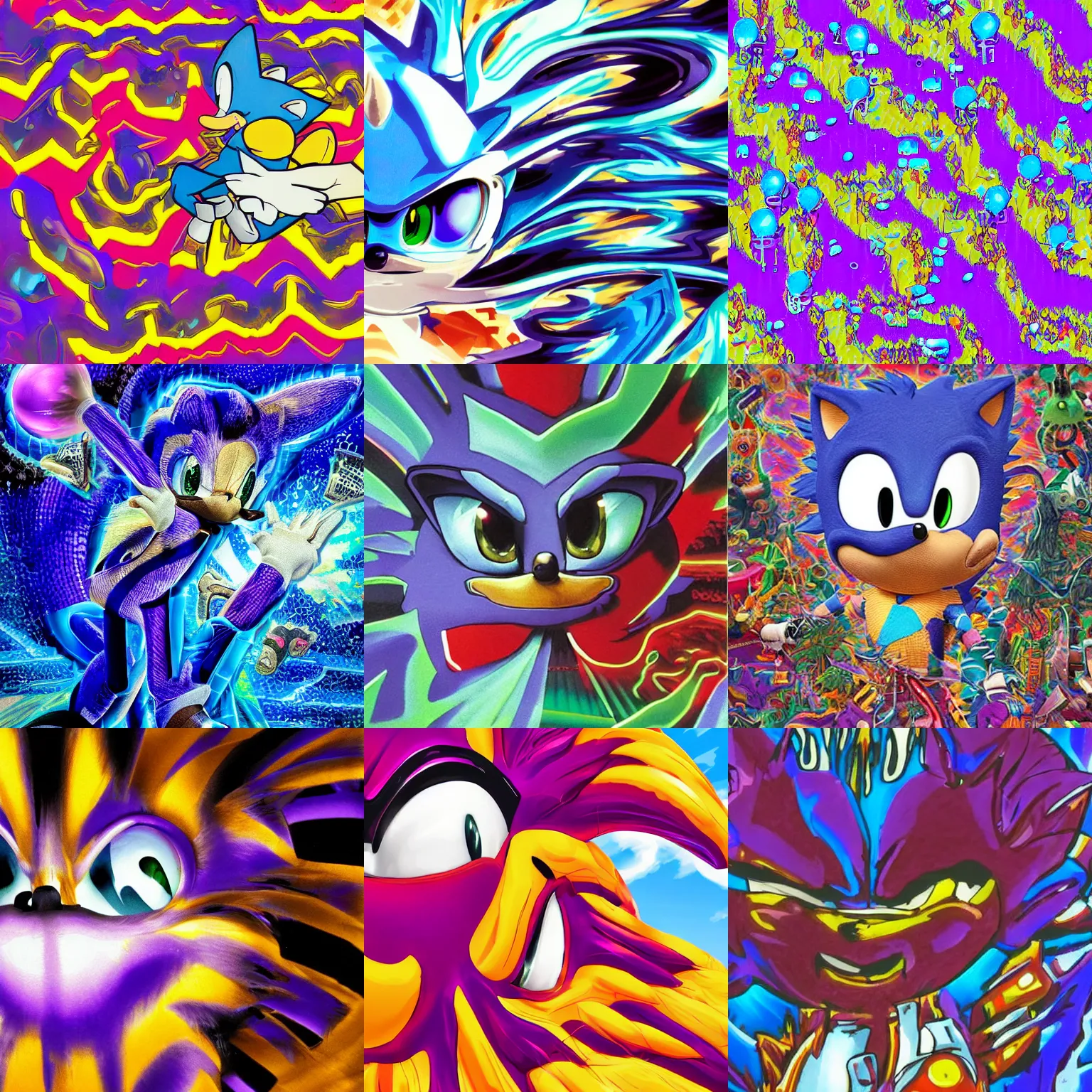 Prompt: close up portrait sonic the hedgehog in a surreal, sharp, detailed professional, high quality airbrush vaporwave art MGMT album cover of a liquid dissolving LSD DMT sonic the hedgehog speeding through pixel lands, purple checkerboard background, 1990s 1992 Sega Genesis video game album cover sonic