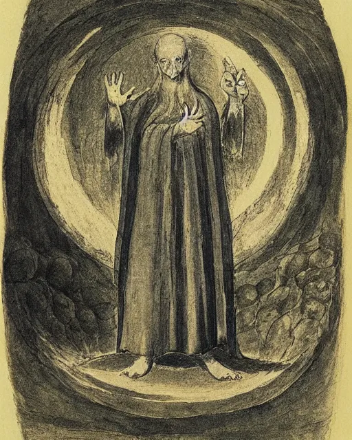 Prompt: a druid standing in a circle at the beginning of the world by william blake