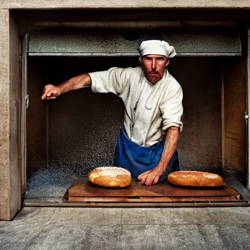 Image similar to portrait of a baker fighting bread trying to escape the oven, by Steve McCurry and David Lazar, natural light, detailed face, CANON Eos C300, ƒ1.8, 35mm, 8K, medium-format print