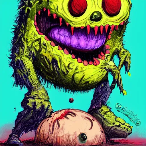 Prompt: a tennis ball monster ,tennis ball,zombie ,chalk digital art, fantasy, magic, trending on artstation, ultra detailed, professional illustration by Basil Gogos