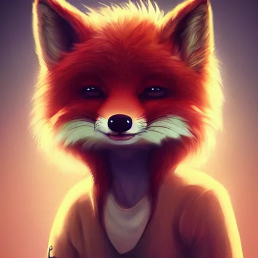 Image similar to funny furry cute little fox monster by artgerm and beeple and charlie bowater, soft lighting, solid background,