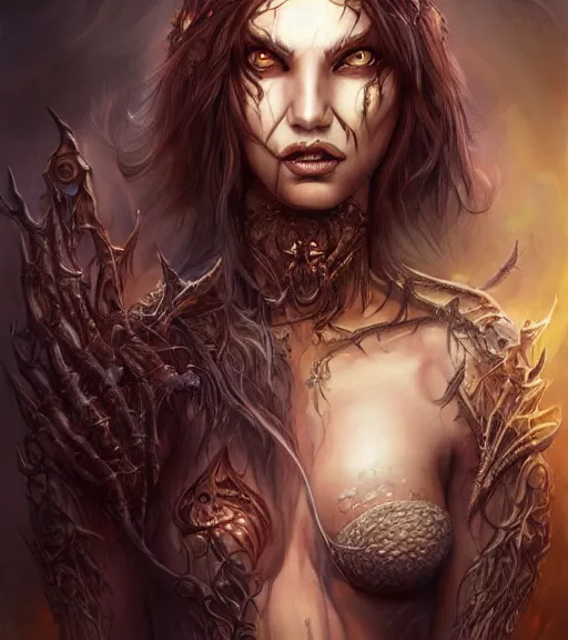 Prompt: a higly detailed airbrush full body shot and face portrait painting of a grim female sorceress with piercing eyes beautiful eyes, dynamic lighting, ambient lighting, deviantart, art by artgerm and simon bisley and karol bak