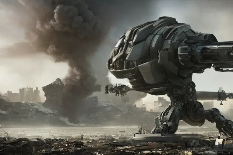 Prompt: VFX movie of a futuristic alien robot mercenary in decimated city firing big gun, natural lighting by Emmanuel Lubezki