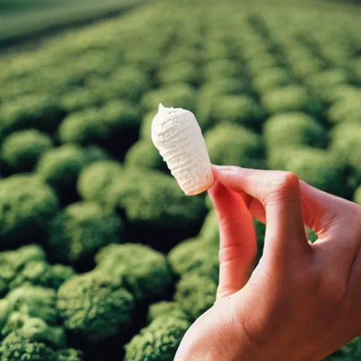 Image similar to a photograph of a levitating ice cream cone filled with broccoli