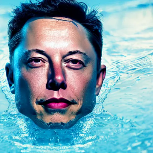 Image similar to water artwork manipulation in the shape of elon musk head, on the ocean water, ray tracing, realistic water sharp focus, long shot, 8 k resolution, cinematic, amazing water art