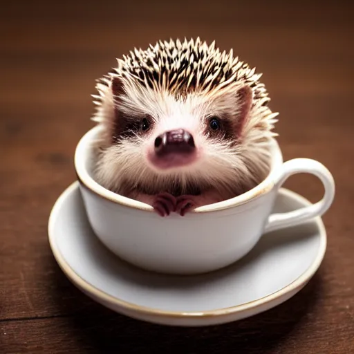 Image similar to baby hedgehog sitting in a teacup, photography, minimalistic, 8 k