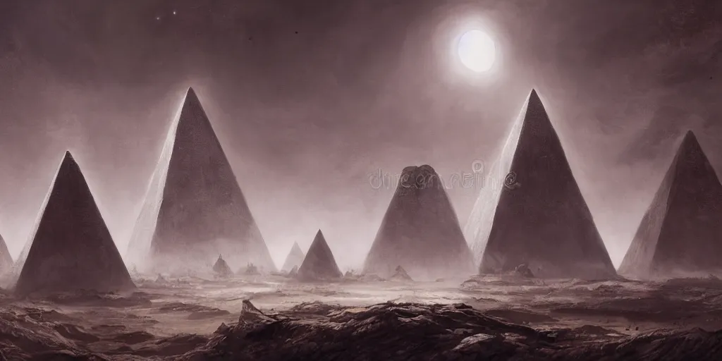 Image similar to stygian beautiful painting of a landscape with levitating obsidian alien pyramids with by kim jakobsson, takato yamamoto, clement - auguste andrieux and santiago caruso trending on artstation sunshine rays cryengine behance hd 8 k 3 d 8 k resolution photoillustration ambient occlusion, stars with lasers, nyarlathotep by arrivabene