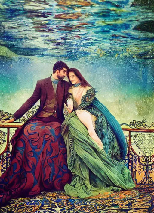 Image similar to detailed colourful masterpiece of intricate art nouveau preraphaelite photography by anne leibovitz couple portrait sat down extreme closeup, love, inside an underwater train, detailed realistic expressions, wearing unusual clothes, ultra wide angle