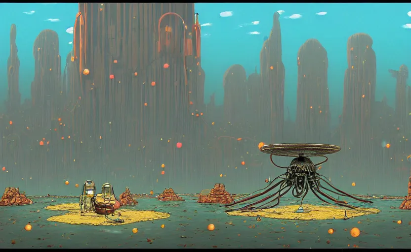 Prompt: a realistic cell - shaded studio ghibli concept art from paprika ( 2 0 0 6 ) of a flying intelligent multi - colored mechanical octopus from close encounters of the third kind ( 1 9 7 7 ) in a flooded monument valley. very dull colors, wide shot, hd, 4 k, hq