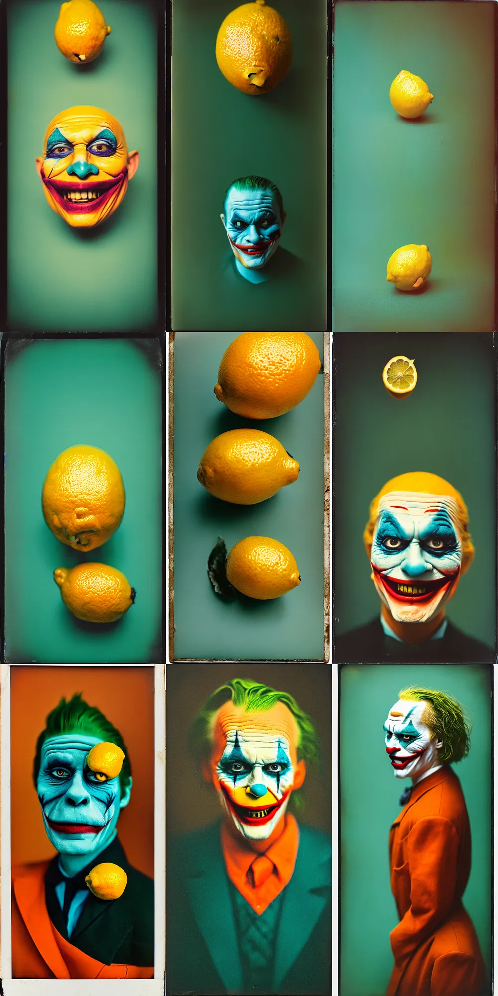 Image similar to kodak portra 4 0 0, wetplate, 8 k, shot of a highly detailed, britt marling style, colour still - life portrait of a lemon looks like 1 9 9 9 joker, teal and orange, muted coloures