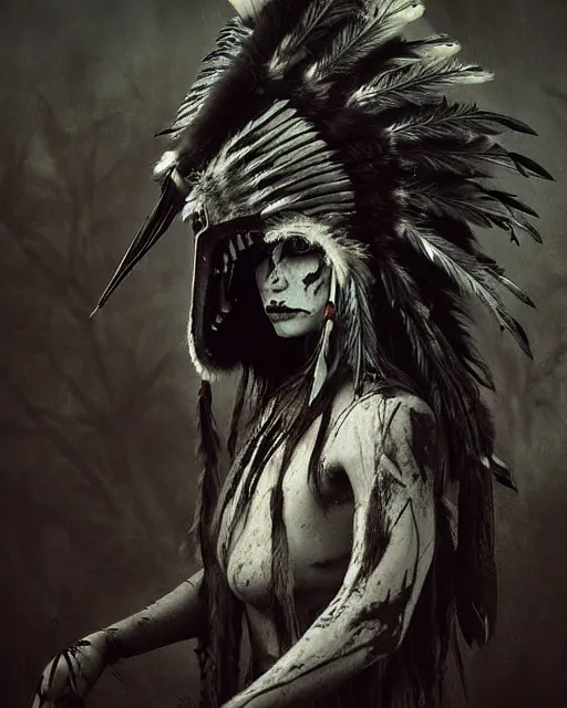 Prompt: wolf - human ghost - spirit of the grim - warpaint wears the scarlet skull armor and native blood headdress feathers, midnight fog - mist!, dark oil painting colors, realism, cinematic lighting, various refining methods, micro macro autofocus, ultra definition, award winning photo, photograph by ghostwave - gammell - giger - shadowlord