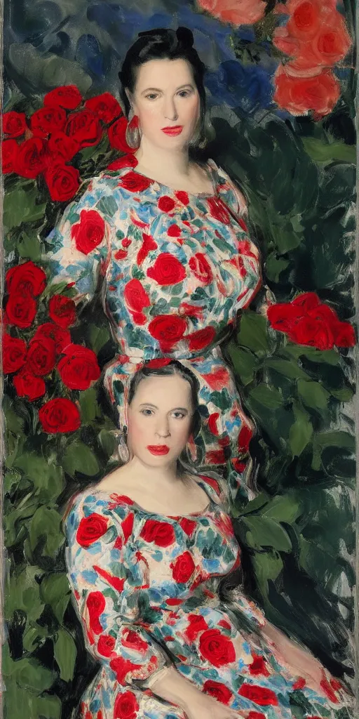 Image similar to portrait of rebekah delrio in lynch pattern dress beside of a big persian detailed pot of red roses, blue and red lights, mulholland drive, painted by john singer sargent and kim jungi - w 5 7 6