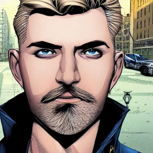 Prompt: portrait of a blonde pale police officer with short hair and a patchy beard, close up, grimy streets backdrop, detailed, art by russell dauterman and ryan ottley and patrick gleason and stefano caselli and marco checchetto esad ribic