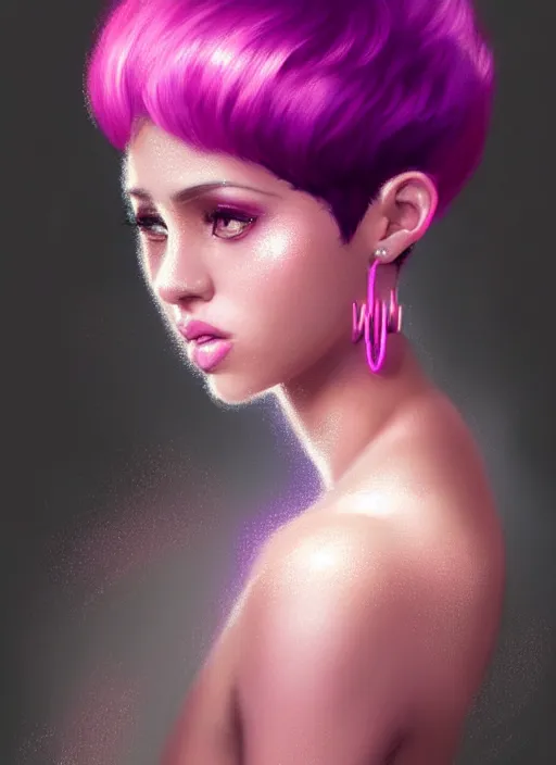 Image similar to portrait of vanessa morgan with bright pink hair, curly pixie cut hair, wearing a purple breton cap, breton cap, hoop earrings, intricate, elegant, glowing lights, highly detailed, digital painting, artstation, concept art, smooth, sharp focus, illustration, art by wlop, mars ravelo and greg rutkowski