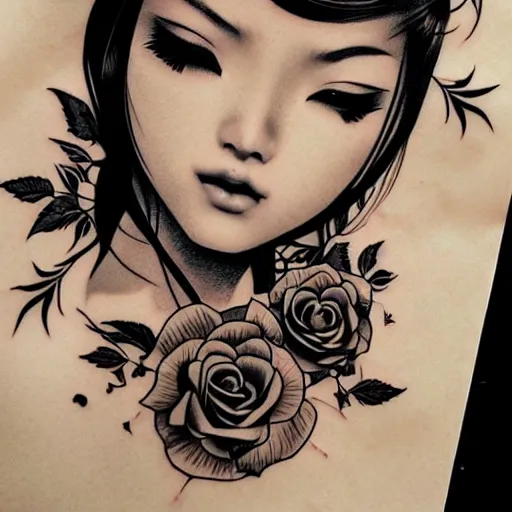 Image similar to tattoo design, stencil, beautiful asian girls face, roses and ivy surrounding by artgerm, artgerm, cat girl, anime