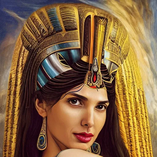 Image similar to Full body oil painting of the beautiful goddess Gal Gadot as Cleopatra, she is wearing egyptian clothes and a surreal ornate, her hair is natural disheveled, she is approaching heaven over the clouds, Anubis is behind her, naturalism, dramatic lighting, high-detailed oil painting by Ilya Repin, Michelangelo da Caravaggio, William Blake, Alex Grey and Beksinski, trending on Artsation, hystorical painting, naturalism, masterpiece, 4k, 8k,