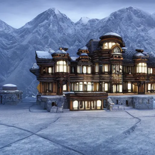 Prompt: a huge steampunk mansion in the snow deep in the himalayan mountains. 4 k octane render.