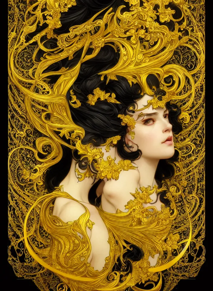 Image similar to beautiful black yellow, complicated gold the baroque style decoration, dark fantasy, intricate, elegant, highly detailed, digital painting, artstation, concept art, matte, 3 d 8 k octane rendered, sharp focus, illustration, octane rendered, art by artgerm and alphonse mucha, leesha hannigan, ross tran