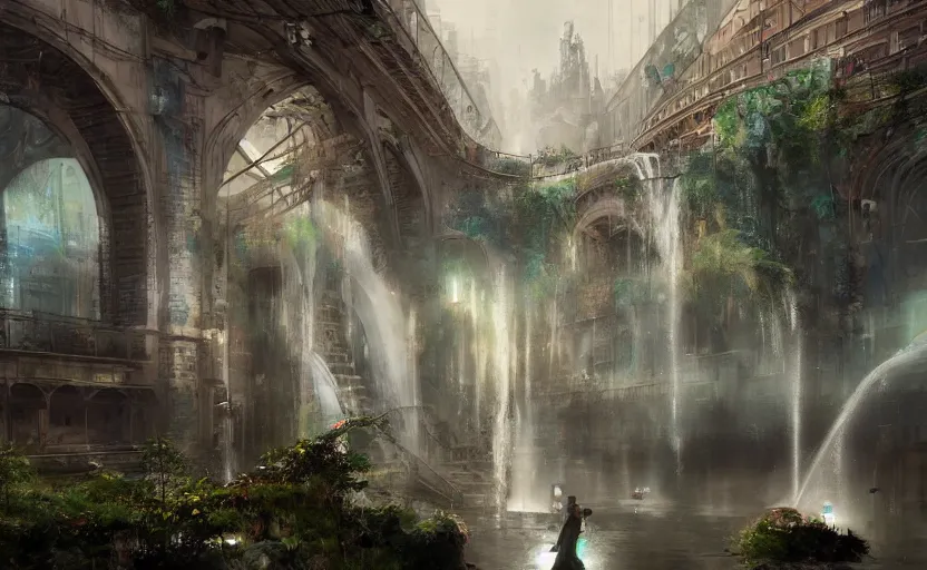 Image similar to An urban train rides inside of a waterway on a fantasy city, next to a fountain and a mystical palace, waterfall, intricate, elegant, volumetric lighting, digital painting, highly detailed, artstation, sharp focus, illustration, concept art, ruan jia, steve mccurry