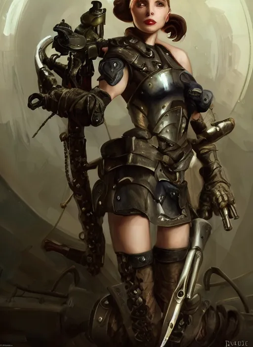 Prompt: a professional painting of a beautiful young female fashion model, dressed in military armor, olive skin, long dark hair, beautiful bone structure, symmetrical facial features, intricate, elegant, digital painting, concept art, smooth, sharp focus, illustration, from Bioshock, by Ruan Jia and Mandy Jurgens and Artgerm and William-Adolphe Bouguerea