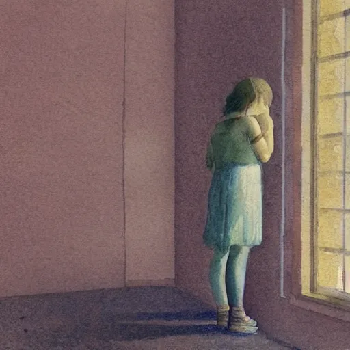 Image similar to close up of a girl in a soviet liminal abandoned building, watercolor by victo ngai, by hammershøi, art noveau, highly detailed, lights by edward hopper, liminal, eerie, bright pastel colors