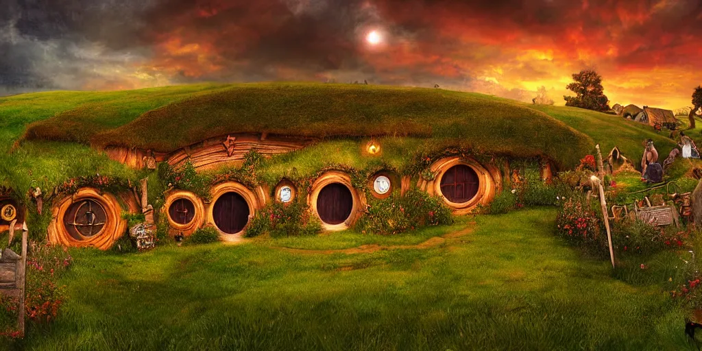 Image similar to Hobbiton but the houses are made from shipping containers, realistic, highly detailed, digital painting, smooth, sharp focus, cinematic lighting, Peter Jackson