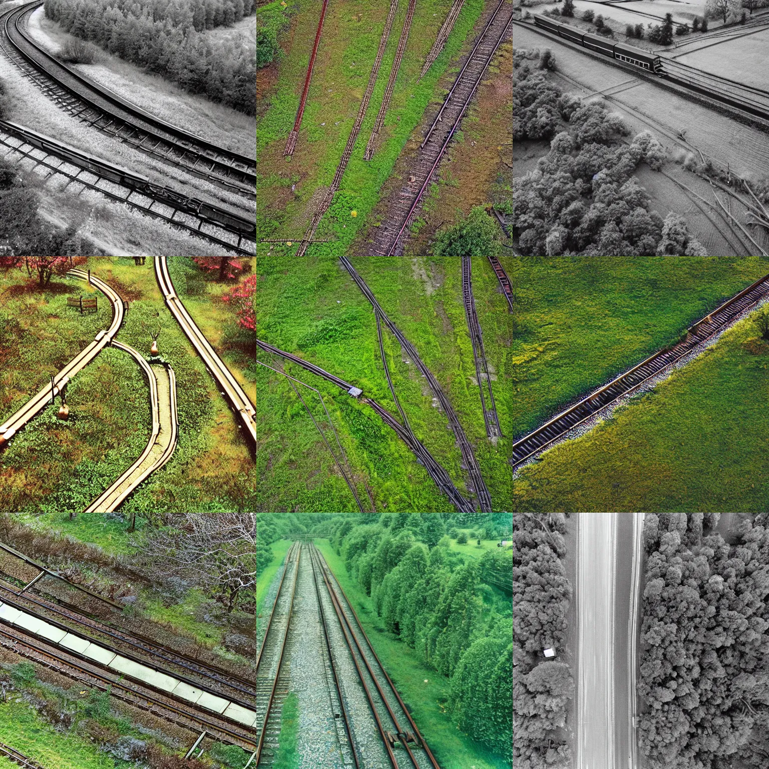 Prompt: isolated train tracks with a apple tree on the side, bird - eye view, long shot, eeire, morbid, uncanny, unsettling, 1 9 8 0
