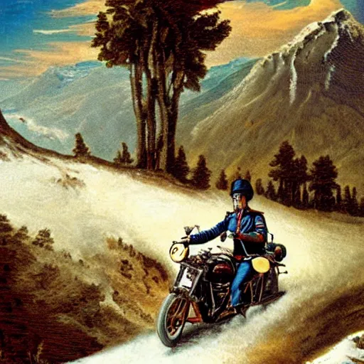 Image similar to Napoleon Crossing the Alps on a Harley Davidson