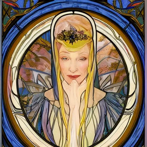 Image similar to cate blanchett as galadriel, mucha style, art nouveau,