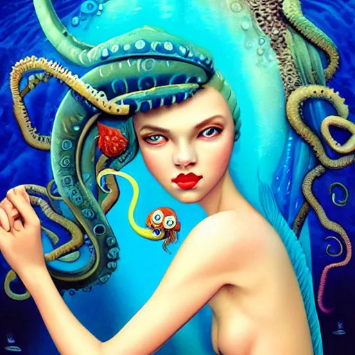 Image similar to lofi underwater mermaid portrait with an octopus, Pixar style, by Tristan Eaton Stanley Artgerm and Tom Bagshaw.