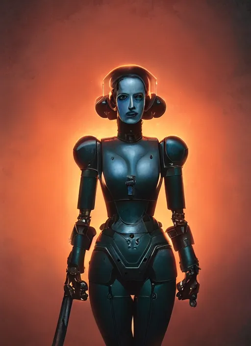 Image similar to hyper realistic photography portrait of heroic warhammer machine robotic android girl, eva green, wednesday addams, cinematic, chaos marine, artstation, cgsociety, full head and shoulders, greg rutkowski, james gurney, mignola, craig mullins, brom redshift, vray, octane render