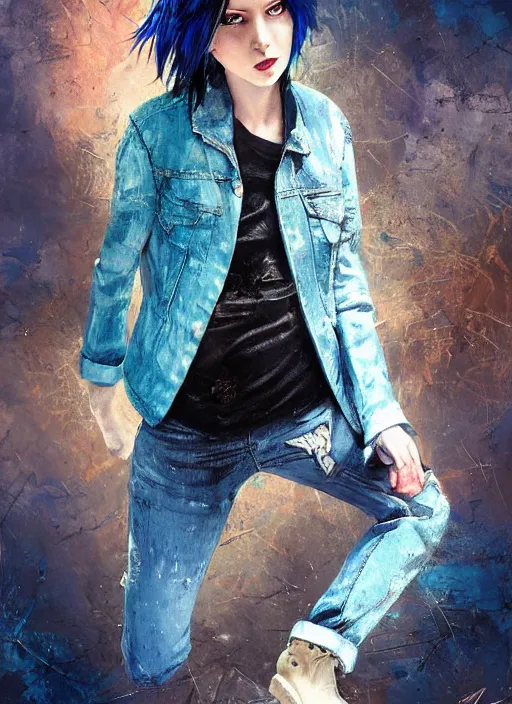 Image similar to medium shot, low angle, grunge style, nice pale girl with midnight blue hair, messy dyed in midnight blue bob cut hairstyle, amber oval eyes, grunge clothes, jeans, high boots, dynamic pose, digital art, highly detailed, sharp focus, digital painting, artwork by Rutkowsky, by Victor Adame Minguez by Yuumei by Tom Lovell by Sandro Botticelli
