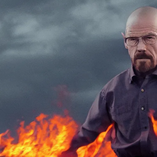 Image similar to a photo of walter white standing in front of a building on fire, highly detailed, 4 k