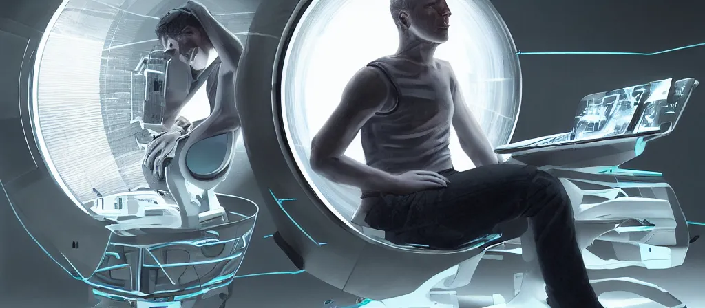 Prompt: an human guy sitting on a futuristic chair getting himself scan to be upload by a futuristic machine with laser to a computer, uploaded, scifi machine, very detailed, award winner on deviantart by geg rutkowski