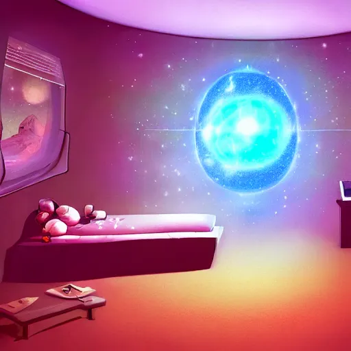 Image similar to a hologram of the universe in a small boys room, illustration, digital art, trending on artstation