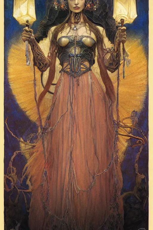 Image similar to queen of the dead with her lantern and regalia, by Annie Swynnerton and Nicholas Roerich and jean delville and Gaston Bussière, black leather and embroidered velvet, iridescent beetles, rich color, ramatic cinematic lighting, featured on Artstation, extremely detailed